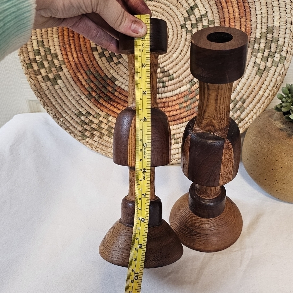 Vintage Wooden Two Toned Large Candlestick Holders Set Of Two - Picture 5 of 6